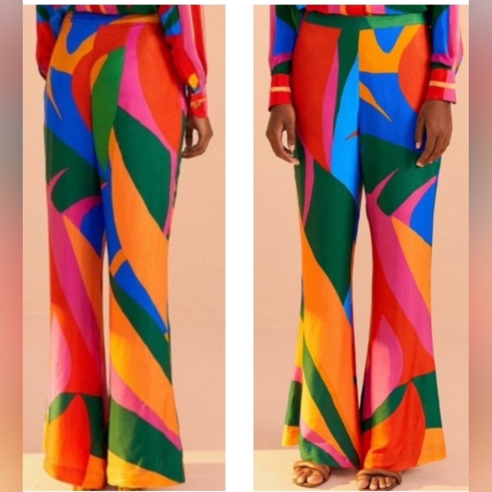 NWT Farm Rio Colorful Abstract Art Leaves Flared Viscose Pants Anthropologie - Picture 3 of 9